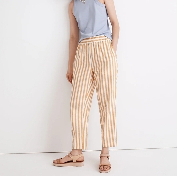 Madewell Tapered Huston Pull On Linen Crop Pants in Golden Plume Stripe Sz Small - Picture 2 of 14